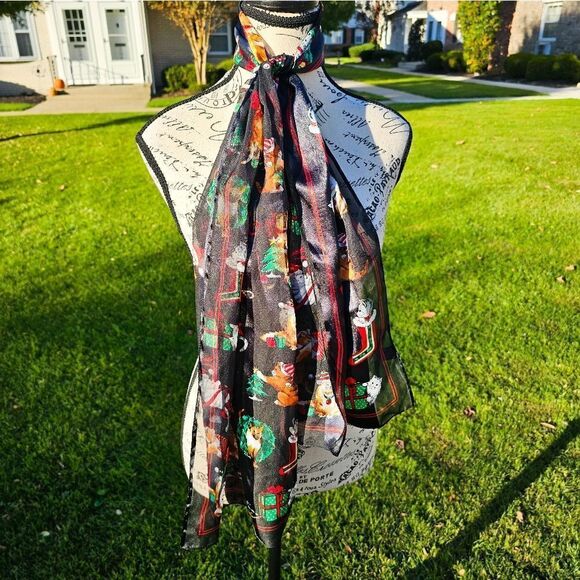 VTG Set Of 2 Festive Cats Ornament Print Oblong Holiday Theme Scarves. - Picture 9 of 15